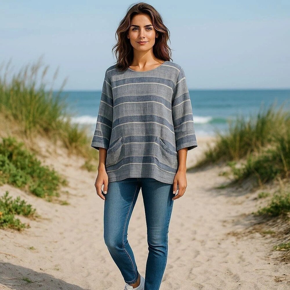 Pure Jill Size SP Blue Stripped Linen Blend Front Pockets Oversized Tunic Top